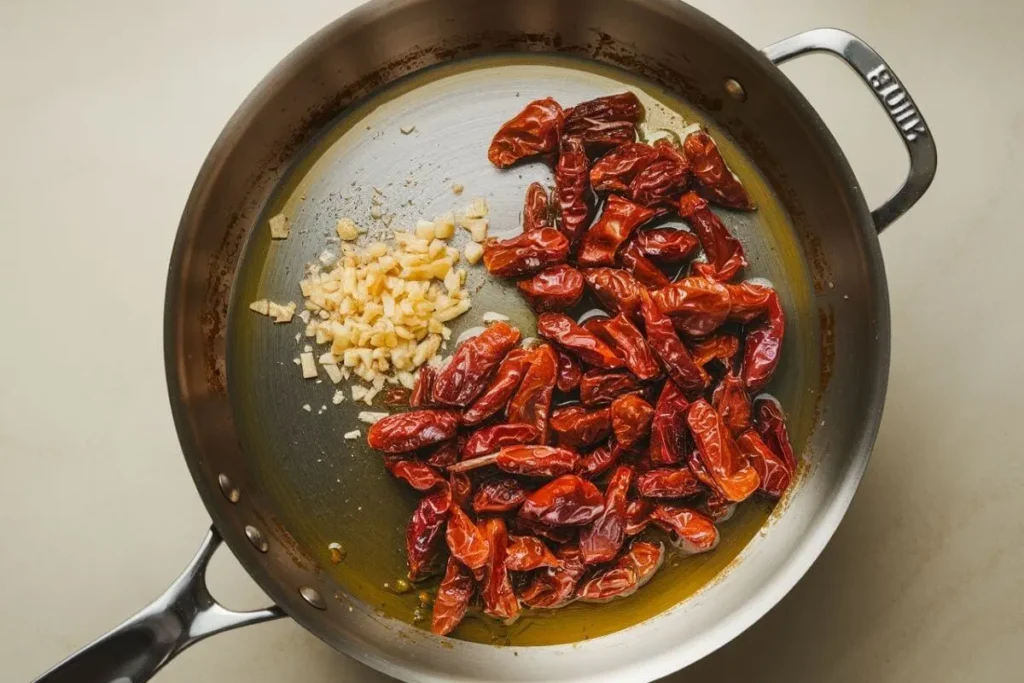 Garlic and sun-dried tomatoes sizzling in a skillet for marry me chicken pasta