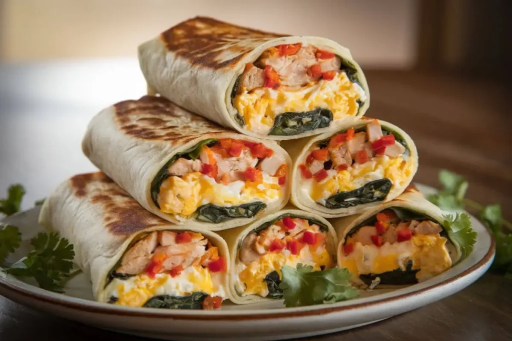 Stack of breakfast burritos on a plate, each filled with chicken, eggs, bell peppers, and spinach, ready to serve