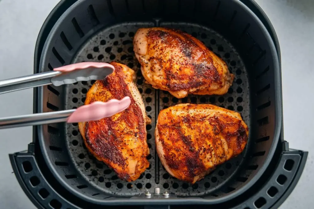  Top-down view of chicken breasts in air fryer basket showing golden-brown crust.