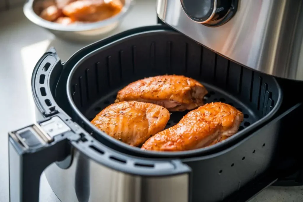 Chicken breasts in air fryer basket, ready to cook for a crispy finish.