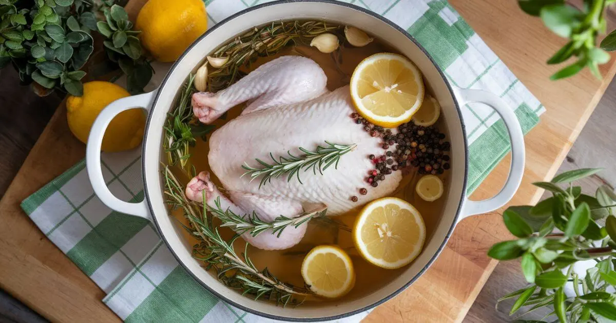 A whole chicken submerged in a flavorful brine, surrounded by slices of lemon, garlic cloves, rosemary sprigs, and peppercorns, showcasing the brine chicken process.