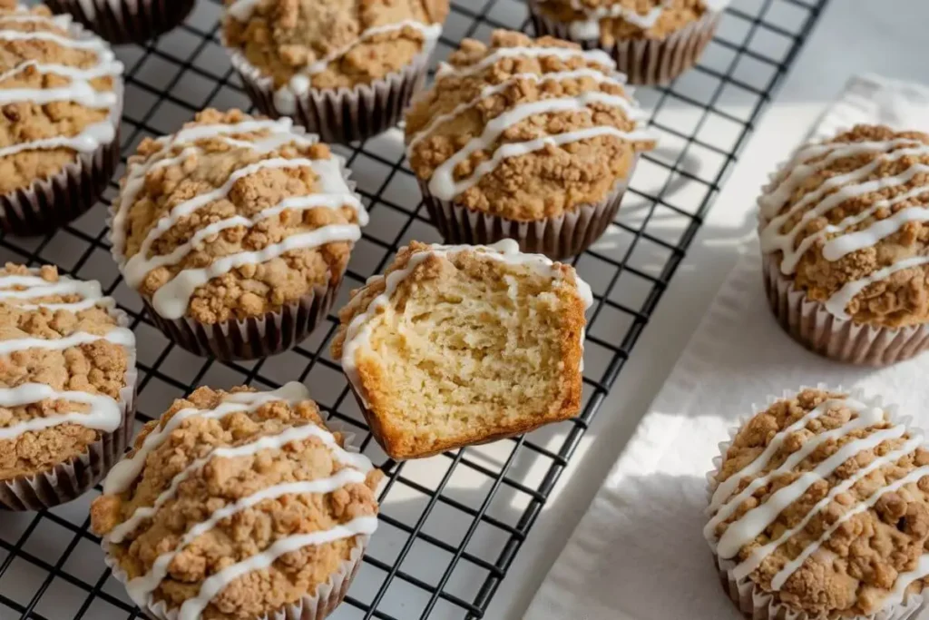 Freshly baked Cinnamon Streusel Muffins on a cooling rack, topped with crumbly streusel and white icing, illuminated by natural light