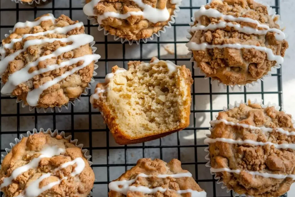 Close-up top view of Cinnamon Streusel Muffins in a muffin tin, showcasing the detailed texture of the crumbly streusel topping and the drizzle of white icing.