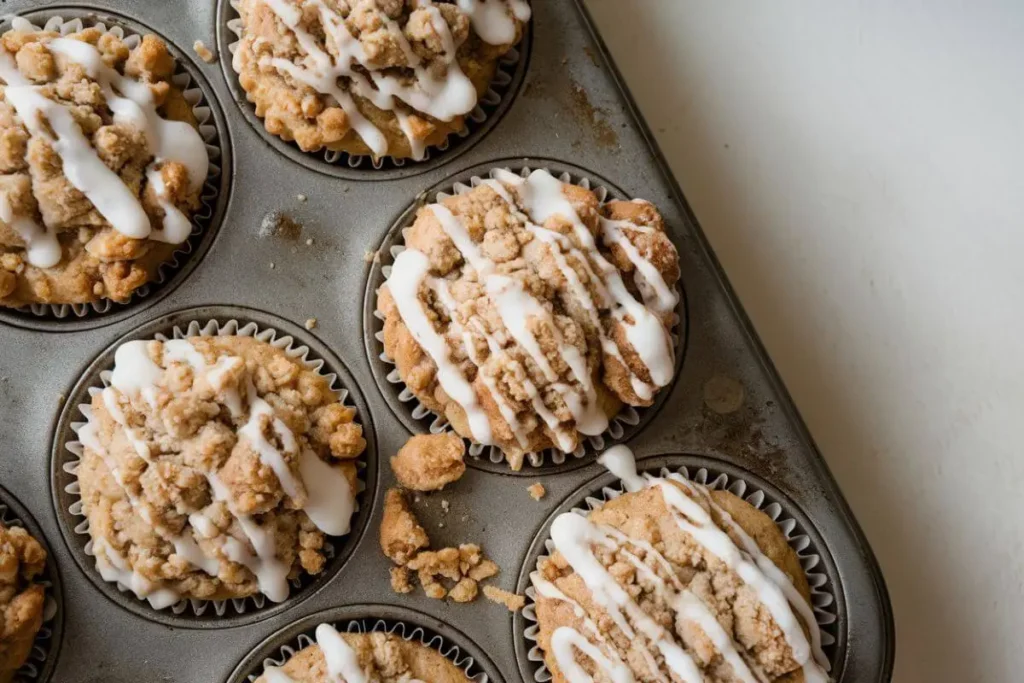 Freshly baked Cinnamon Streusel Muffins in a pan, featuring a golden-brown crust and a crumbly streusel topping, illuminated by natural light