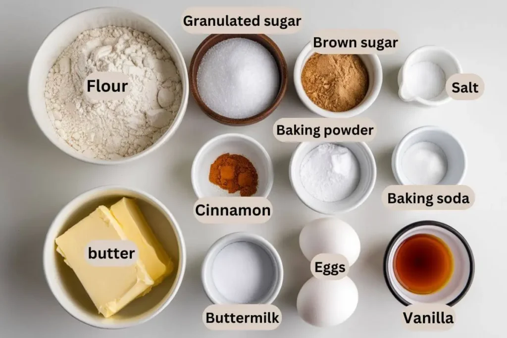 Ingredients for Cinnamon Streusel Muffins recipe, arranged on a white countertop.