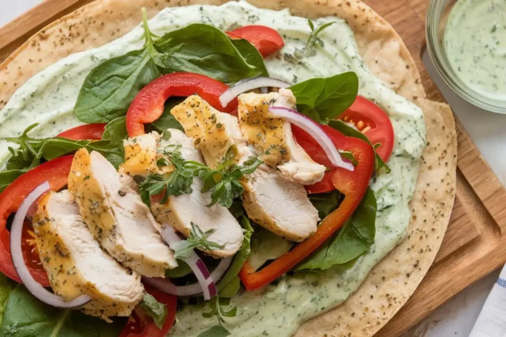 Close-up of a cottage cheese flatbread topped with grilled chicken, fresh vegetables, and creamy pesto-yogurt sauce, showcasing vibrant and fresh ingredients