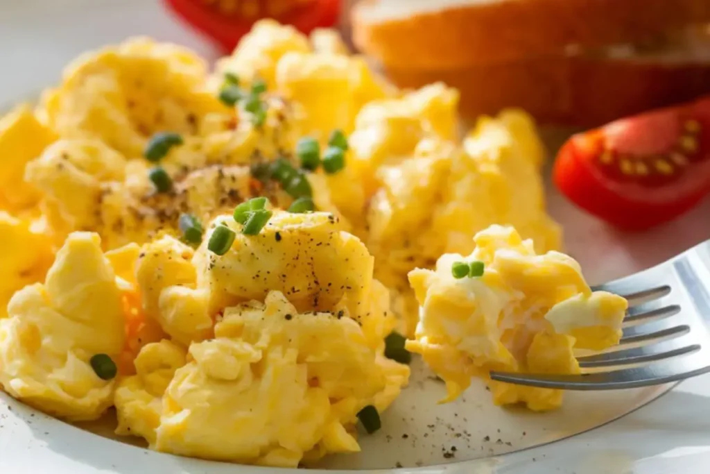 Close-up of a fork scooping up creamy cottage cheese scrambled eggs, highlighting the fluffy texture and rich mixture