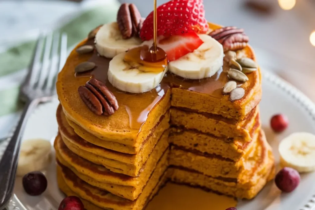 Close-up of Pumpkin Pancakes with Pancake Mix, beautifully garnished with pecans, pumpkin seeds, and fresh fruit slices, drizzled with syrup and topped with melting butter, presented on a marble surface