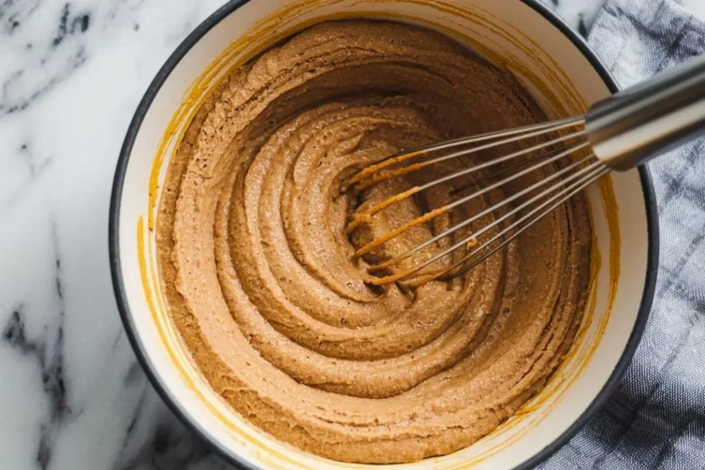 Combining wet and dry ingredients for Pumpkin Pancakes, showing the wet mixture being poured into a bowl of dry ingredients, stirred until just mixed to ensure a light, fluffy texture