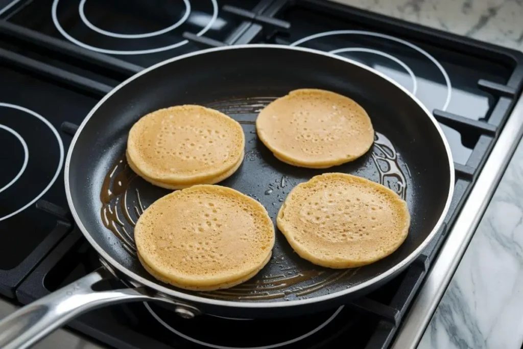 Cooking Pumpkin Pancakes in a skillet, with the batter poured in, forming golden-brown pancakes with fluffy textures