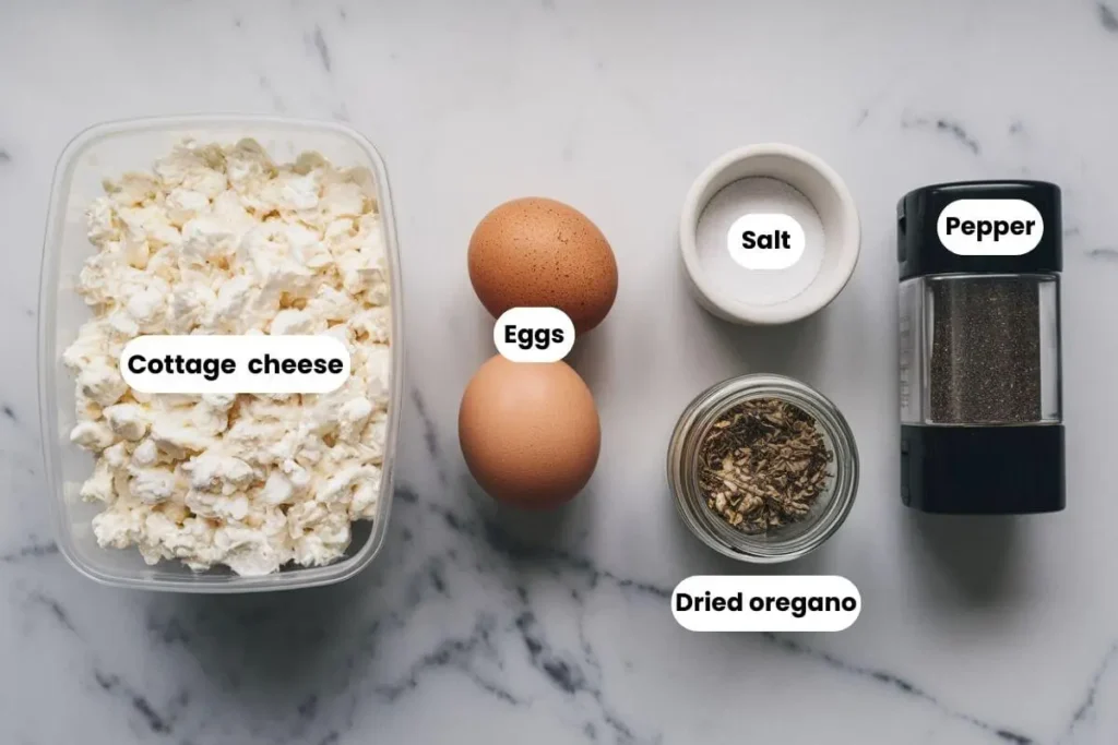 Labeled ingredients for cottage cheese flatbread including cottage cheese, eggs, salt, pepper, and dried oregano on a marble countertop