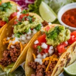 Crispy fried tacos with ground beef, cheese, onions, tomatoes, and guacamole, served with lime and salsa on the side - Fried tacos recipe