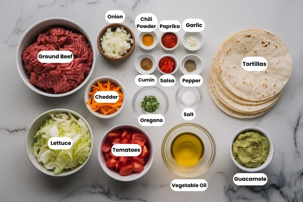 Flat lay of fried tacos ingredients on a marble countertop, including ground beef, chopped onion, minced garlic, spices, salsa, tortillas, shredded cheddar cheese, lettuce, diced tomatoes, guacamole, and vegetable oil, all neatly arranged in bowls