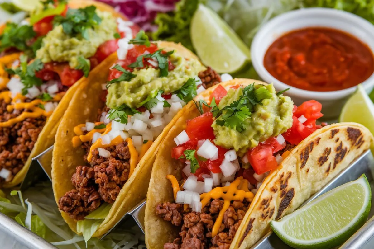 Crispy fried tacos with ground beef, cheese, onions, tomatoes, and guacamole, served with lime and salsa on the side - Fried tacos recipe