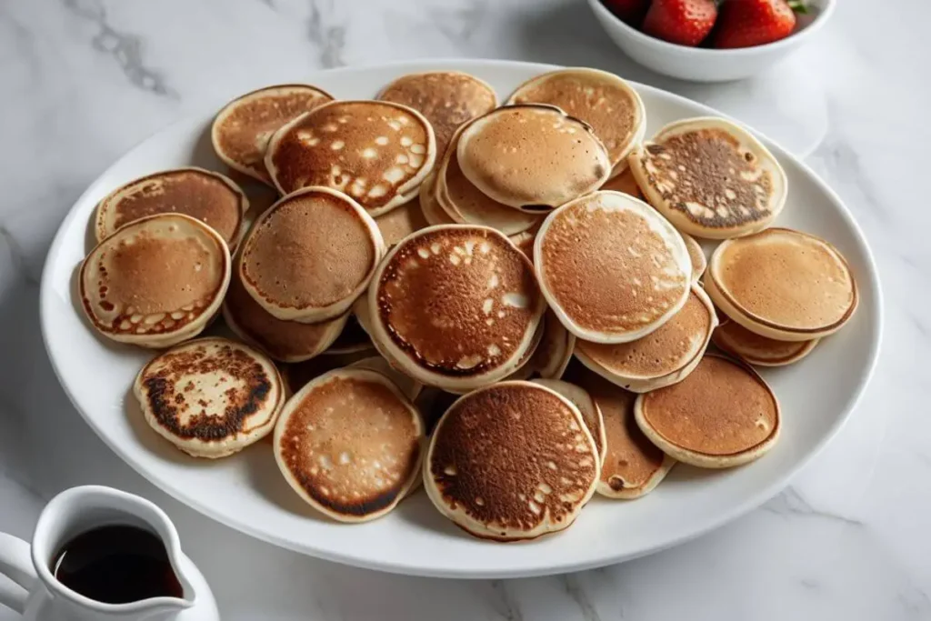 A large serving plate filled with golden mini pancakes, served with a small bowl of strawberries and a pitcher of syrup on the side