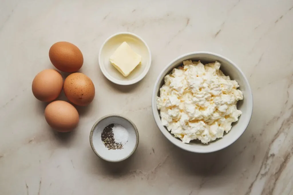 Ingredients for scrambled eggs with cottage cheese on a kitchen counter, including eggs, cottage cheese, butter, salt, and pepper, ready for cooking