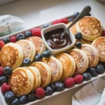 Mini pancakes served on a white platter with fresh blueberries, raspberries, and a bowl of chocolate sauce, placed on a light countertop