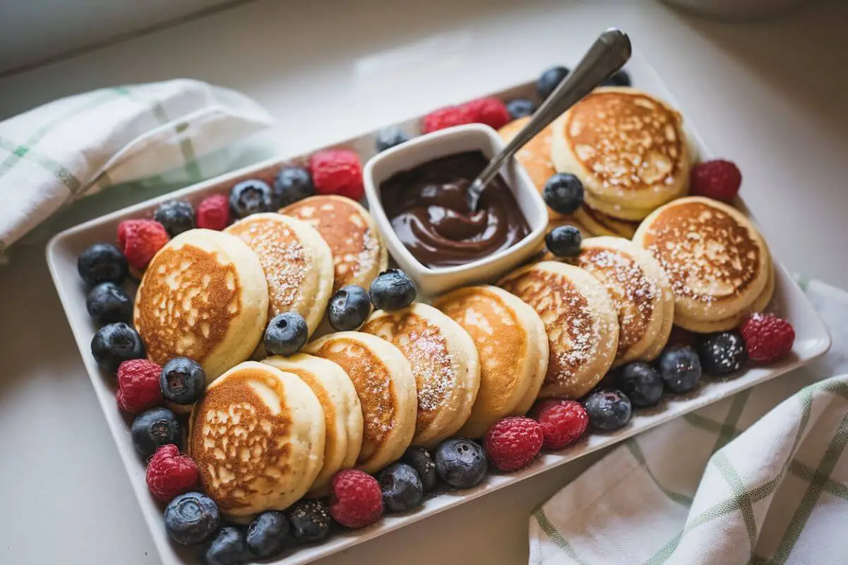 Mini pancakes served on a white platter with fresh blueberries, raspberries, and a bowl of chocolate sauce, placed on a light countertop