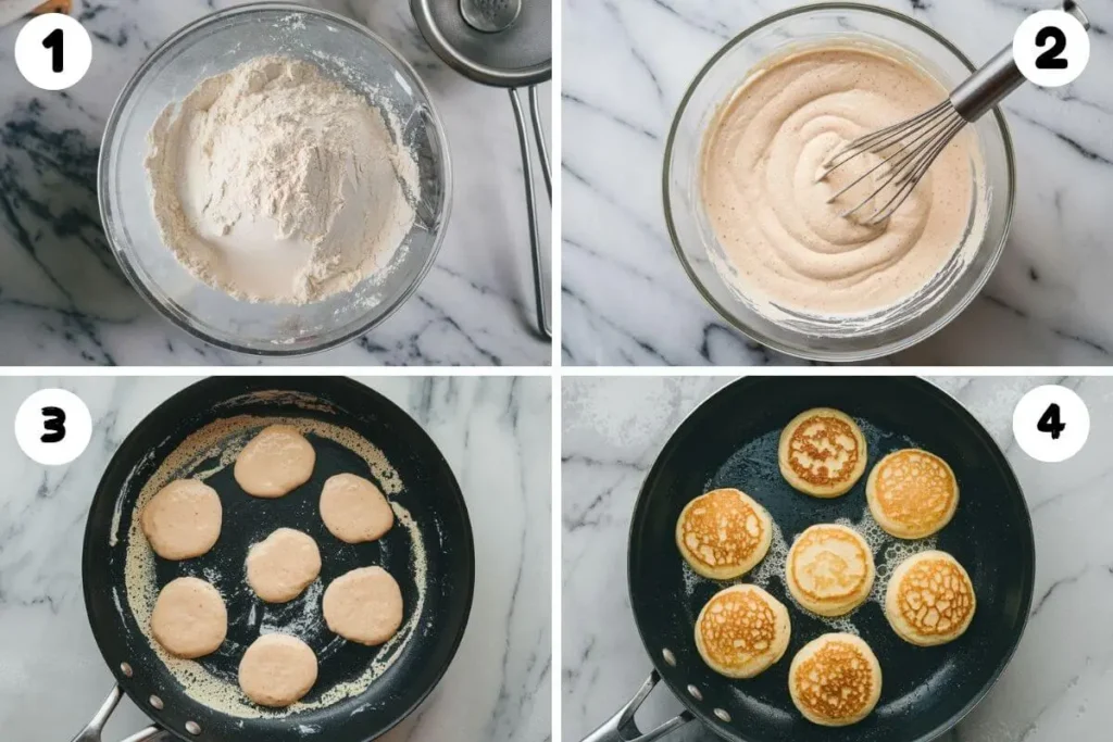 Four-step preparation process for mini pancakes, showing dry ingredients, mixed batter, raw batter on skillet, and cooked pancakes in a black skillet