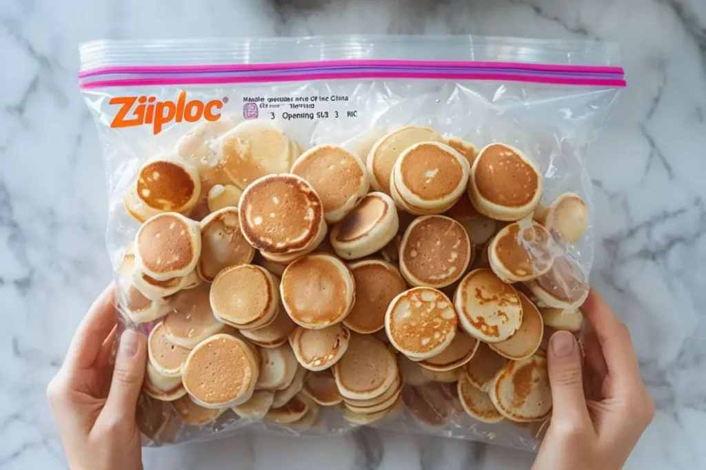 Mini pancakes stored in a resealable plastic bag, ready for freezing, held by two hands over a marble countertop