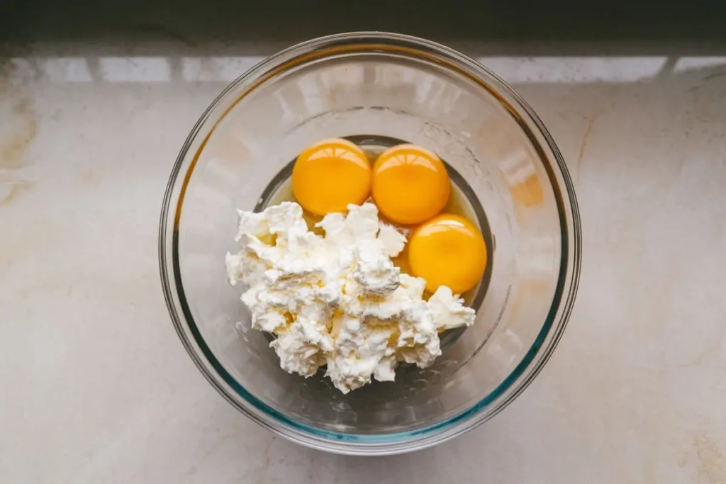 Cracking eggs into a bowl with a scoop of cottage cheese, preparing to mix the ingredients for scrambled eggs with cottage cheese