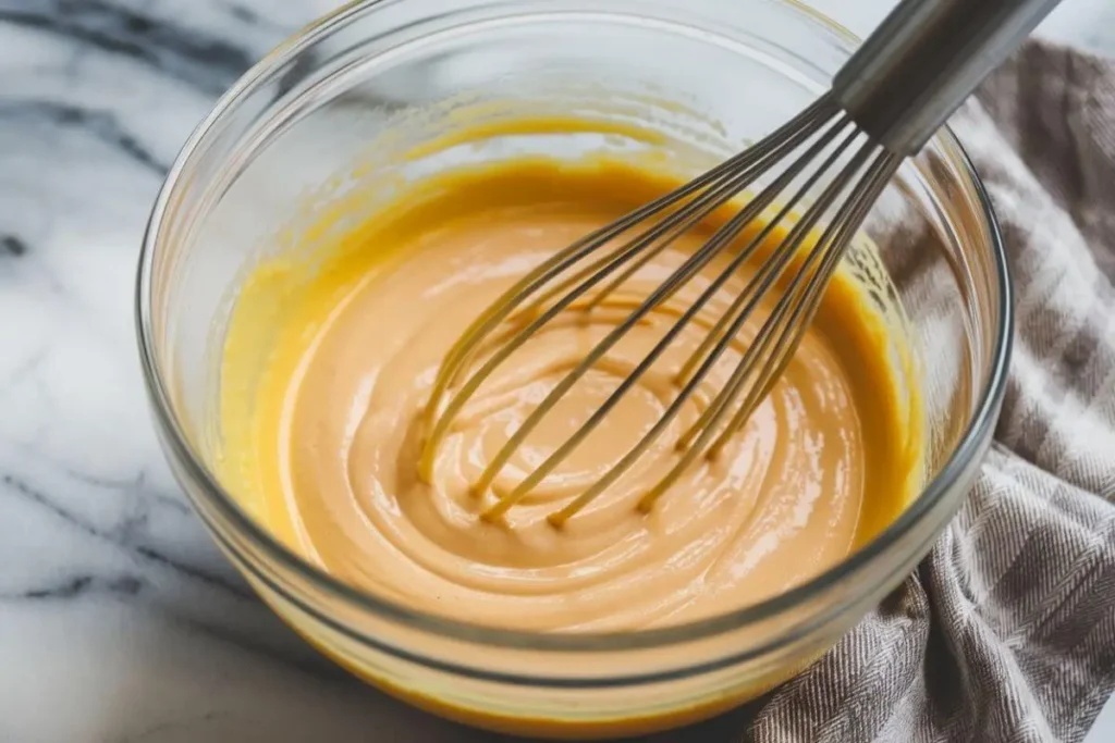 Mixed wet ingredients for Pumpkin Pancakes with Pancake Mix in a bowl