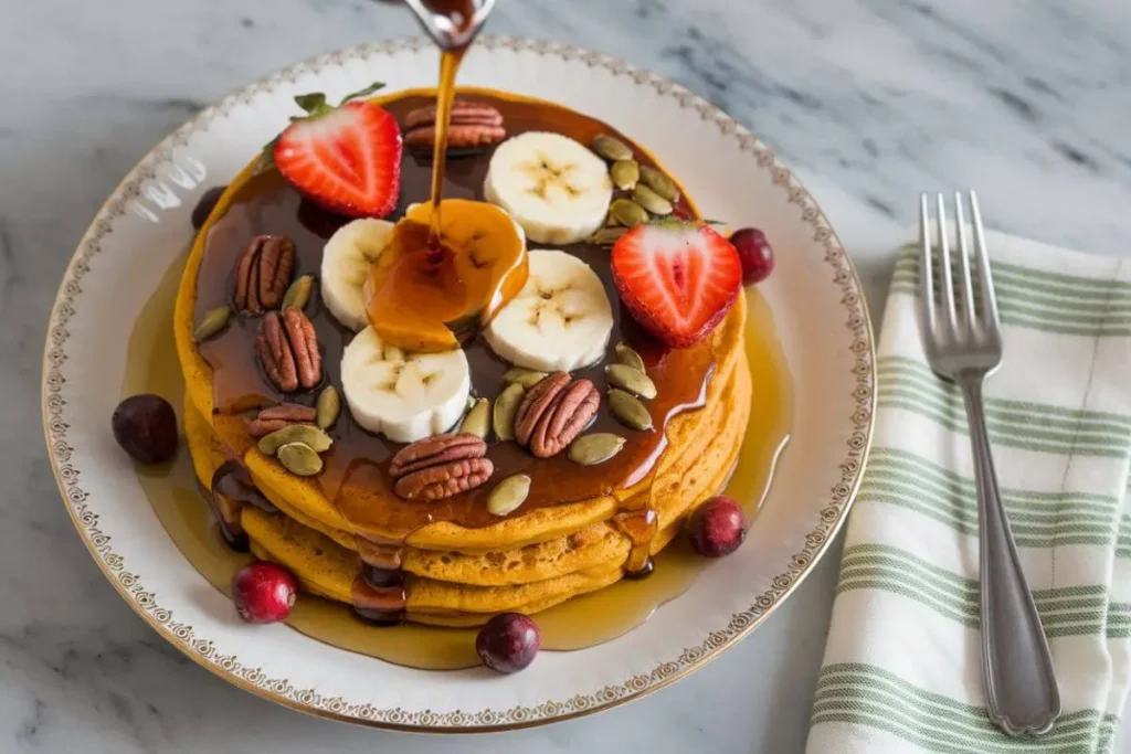 Overhead shot of a golden pumpkin pancake topped with pecans, pumpkin seeds, banana slices, strawberries, and cranberries, drizzled with syrup and melting butter, on a white plate with a silver fork beside it, all set on a marble surface.