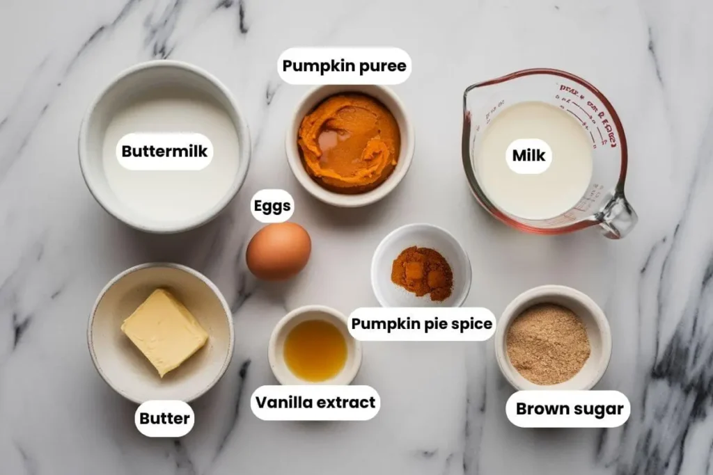 Ingredients labeled for making Pumpkin Pancakes with Pancake Mix including pumpkin puree,buttermilk,milk, pumpkin pie spice,vanilla extract, butter,brown sugar,egg on a countertop.