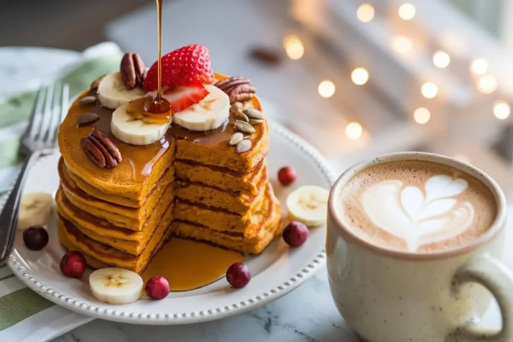 Pumpkin Pancakes with Pancake Mix, adorned with banana slices, cranberries, and strawberries, served with syrup pouring and a side of latte.