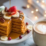 Pumpkin Pancakes with Pancake Mix, adorned with banana slices, cranberries, and strawberries, served with syrup pouring and a side of latte.