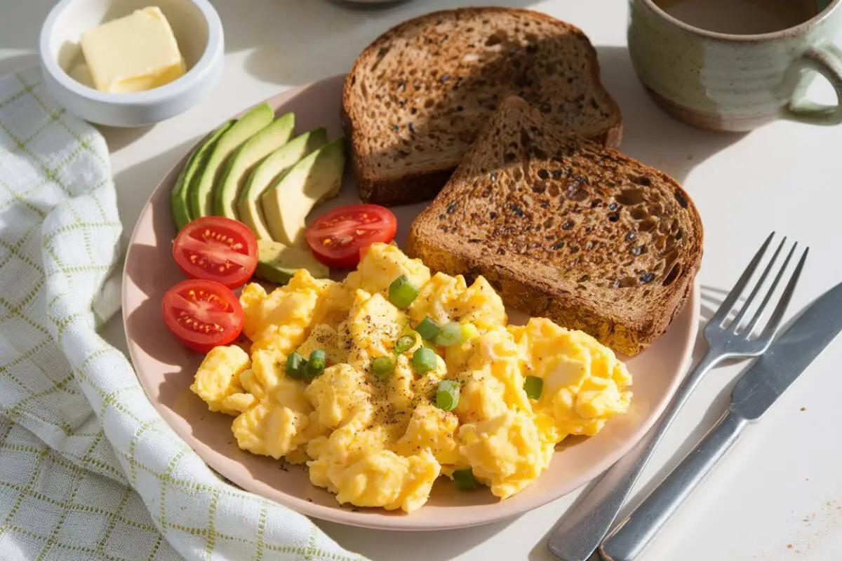 Creamy scrambled eggs with cottage cheese served with toasted bread and a fresh salad garnish, presented on a white plate for a wholesome breakfast.