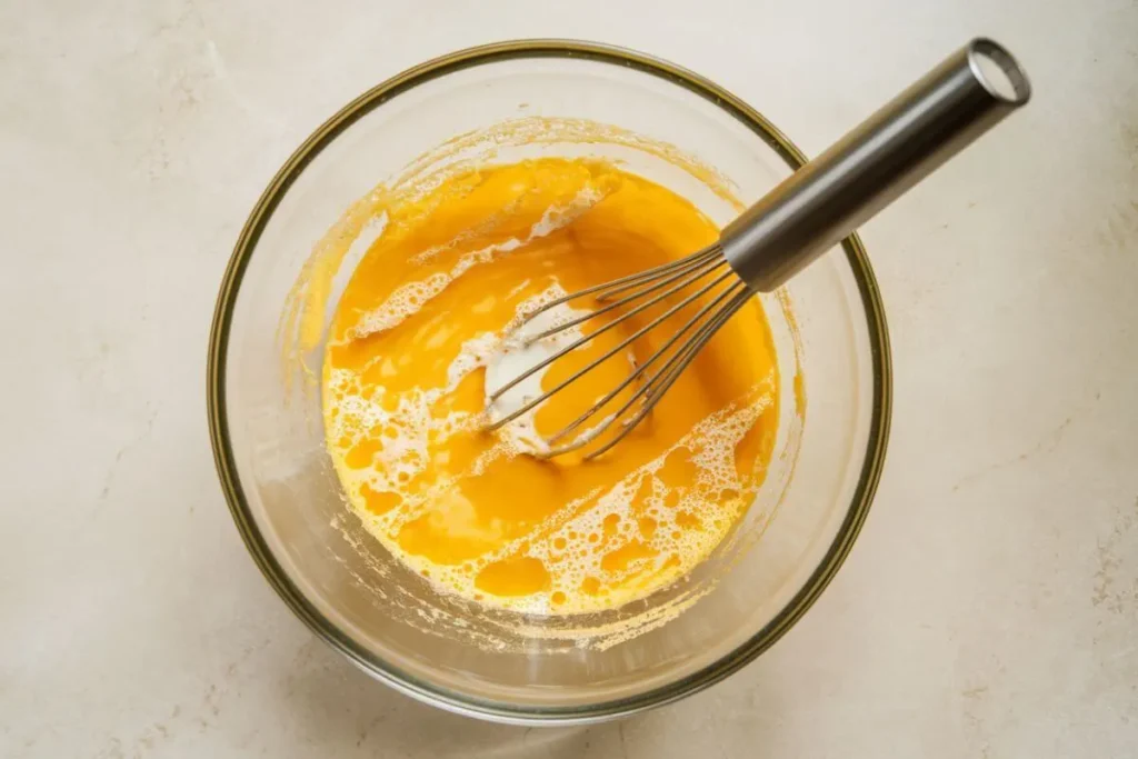  Smooth mixture of scrambled eggs and cottage cheese in a bowl, showing the well-incorporated cottage cheese ready for cooking