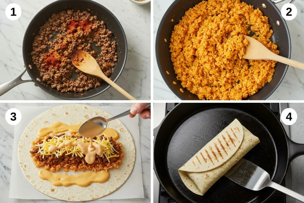 Four steps to prepare a Beefy Melt Burrito, including cooking beef, preparing rice, assembling the burrito, and drizzling chipotle sauce