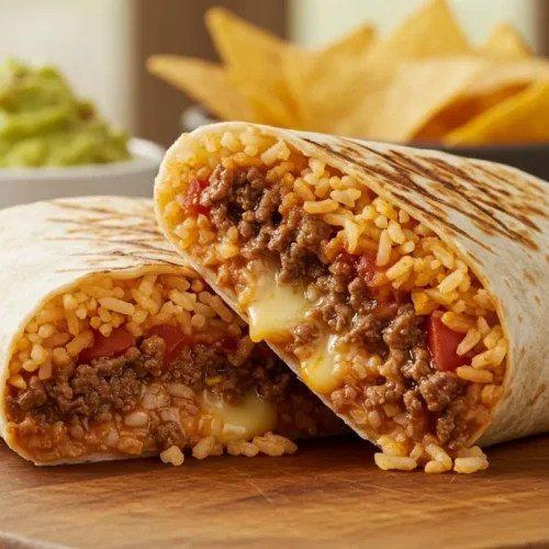 A succulent beefy melt burrito cut in half to showcase its mouthwatering filling of seasoned ground beef, vibrant Mexican rice, and melted cheese, served on a wooden board with a backdrop of crunchy tortilla chips and fresh guacamole, perfectly capturing the delicious essence of this hearty meal