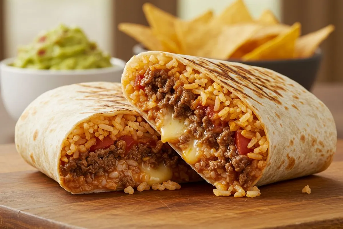 A succulent beefy melt burrito cut in half to showcase its mouthwatering filling of seasoned ground beef, vibrant Mexican rice, and melted cheese, served on a wooden board with a backdrop of crunchy tortilla chips and fresh guacamole, perfectly capturing the delicious essence of this hearty meal