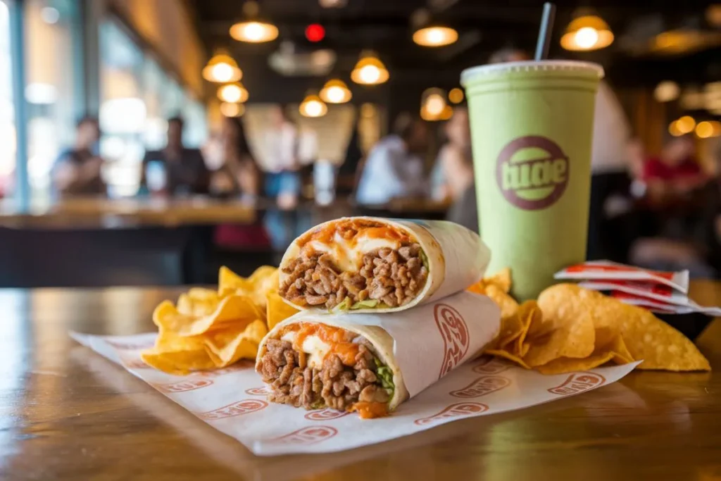 A freshly unwrapped Beefy Melt Burrito with melted cheese and seasoned beef, served alongside tortilla chips and a refreshing drink, on a wooden table in a casual dining setting