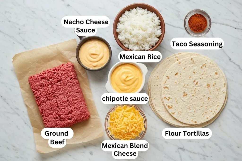 Ingredients for a beefy melt burrito neatly displayed on a marble countertop, including ground beef, Mexican rice, nacho cheese sauce, chipotle sauce, Mexican blend cheese, taco seasoning and flour tortillas